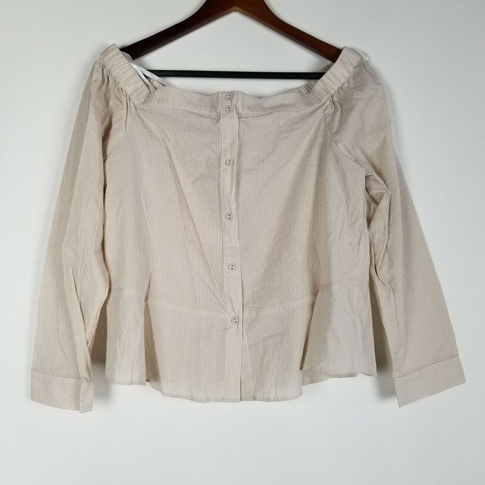 Naked Zebra Womens Size M Beige White Striped Off‎ The Shoulder Button Up Sheer
